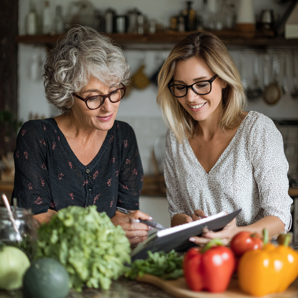 nutritionist consulting with middle-aged woman about healthy meal planning