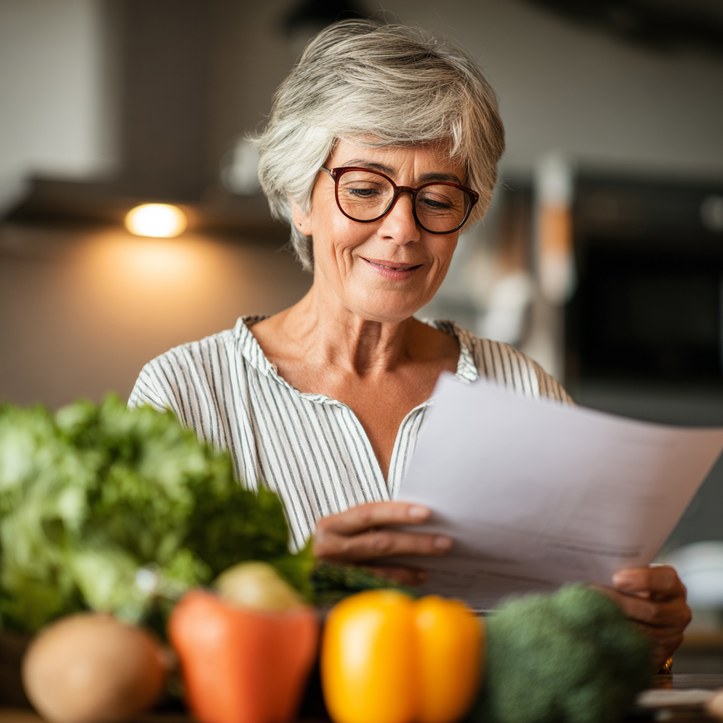 senior nutritionist reviewing personalized meal plans with diverse healthy ingredients